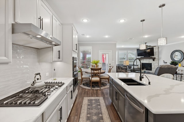 kitchen with appliances with stainless steel finishes, dark wood-type flooring, sink, white cabinets, and a stone fireplace