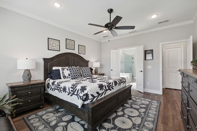 bedroom with dark hardwood / wood-style flooring, ensuite bath, ceiling fan, and ornamental molding