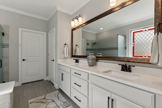 bathroom featuring vanity, walk in shower, and ornamental molding