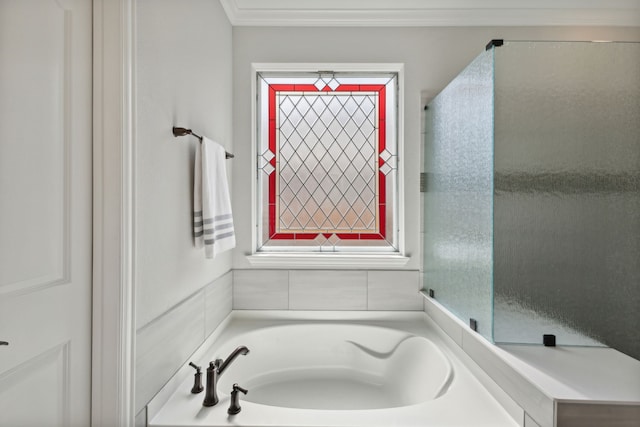 bathroom featuring a bath and ornamental molding