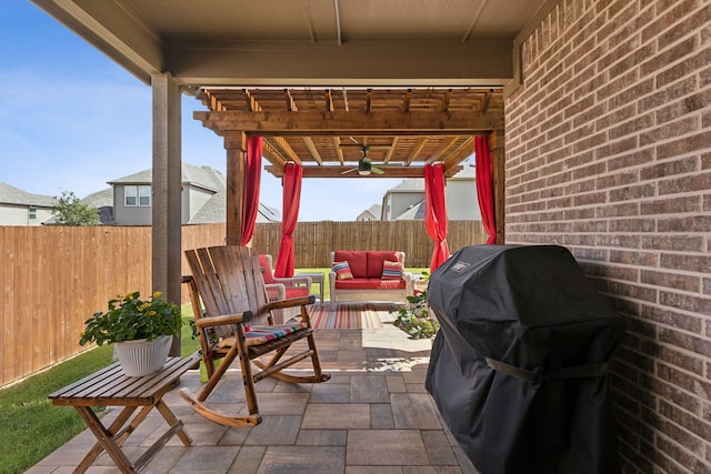 view of patio / terrace featuring an outdoor living space, a pergola, ceiling fan, and a grill