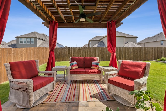 view of patio featuring ceiling fan, a pergola, and an outdoor hangout area