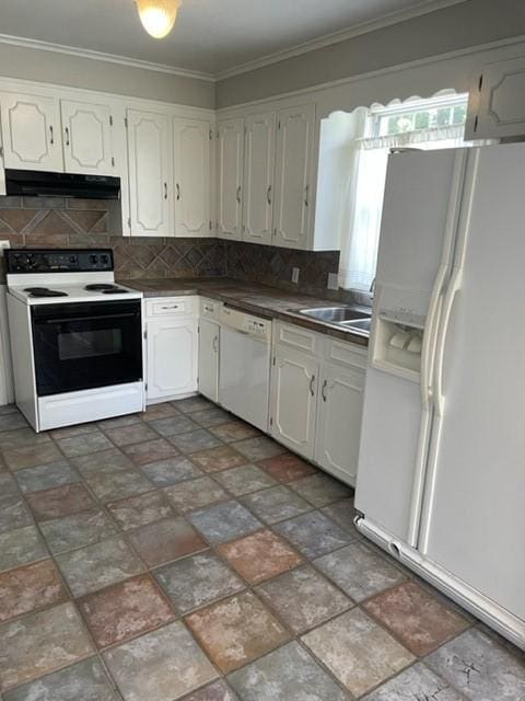 kitchen featuring sink, tasteful backsplash, crown molding, white appliances, and white cabinets