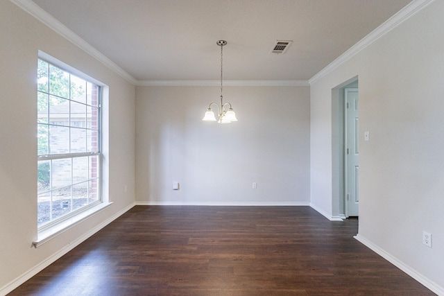 unfurnished dining area with dark hardwood / wood-style flooring, crown molding, and an inviting chandelier