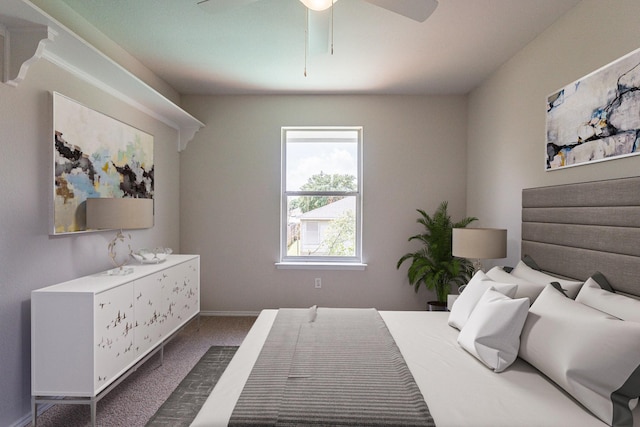 bedroom with dark colored carpet and ceiling fan