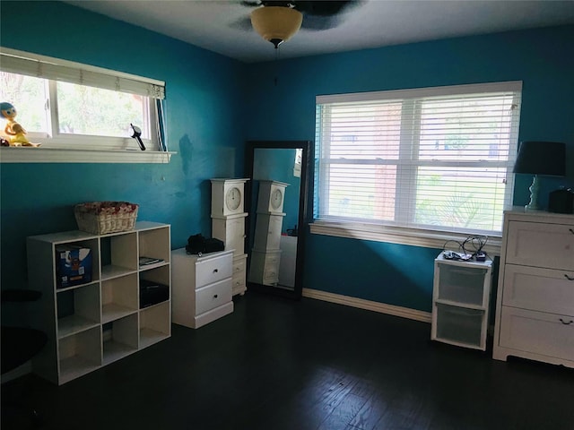 office space featuring dark wood-type flooring, ceiling fan, and a healthy amount of sunlight