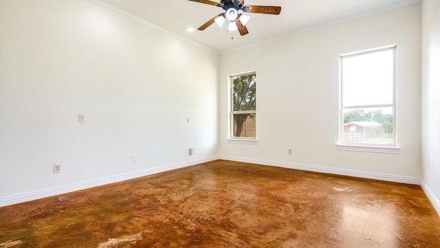 unfurnished room with ornamental molding and ceiling fan