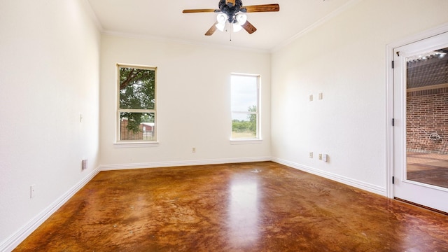 unfurnished room with crown molding, ceiling fan, and concrete flooring