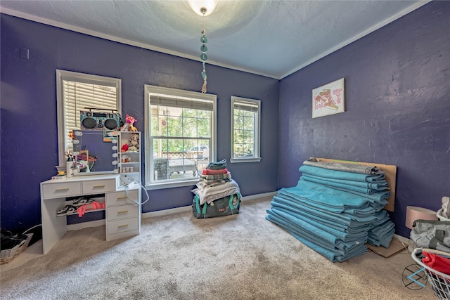 carpeted bedroom with a textured ceiling