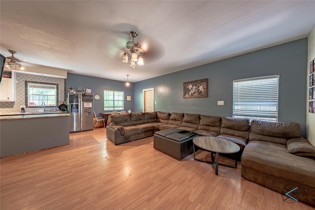 living room featuring ceiling fan, sink, and light hardwood / wood-style flooring