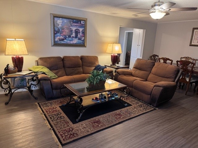 living room featuring ceiling fan, crown molding, wood-type flooring, and a textured ceiling