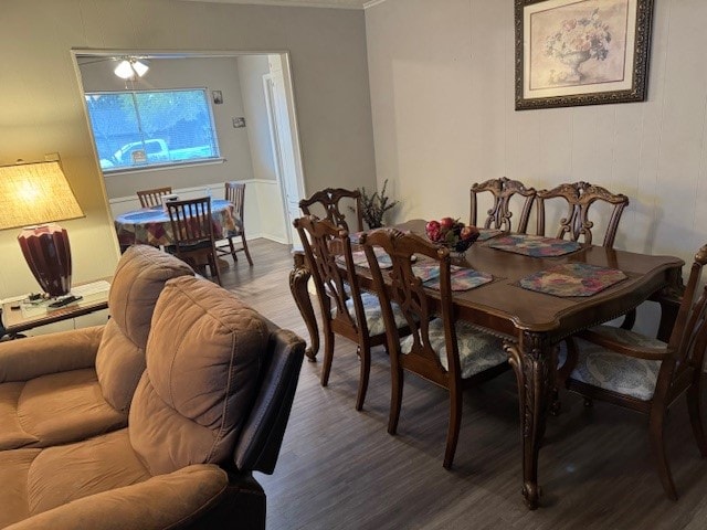 dining room featuring ceiling fan and dark hardwood / wood-style flooring