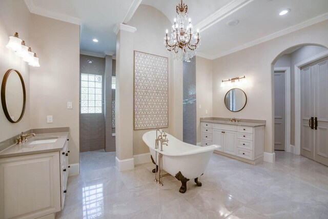 bathroom with crown molding, tile patterned flooring, and a bath