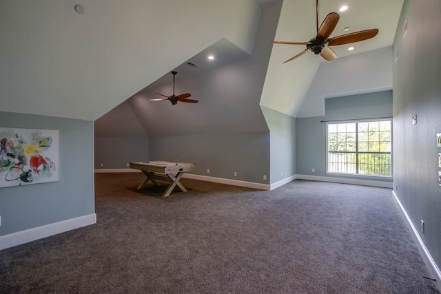 bonus room featuring carpet flooring, lofted ceiling, and ceiling fan