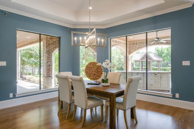 dining area with wood-type flooring, ceiling fan with notable chandelier, plenty of natural light, and a tray ceiling