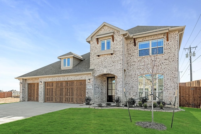 view of front of property featuring a garage and a front lawn