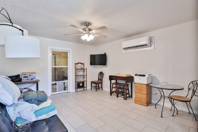 office with light tile patterned flooring, a wall unit AC, and ceiling fan