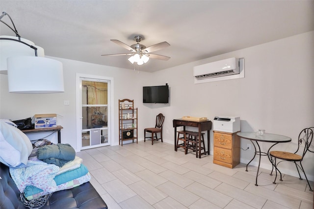 home office with baseboards, a wall mounted air conditioner, and a ceiling fan