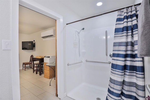 bathroom with a shower with curtain, tile patterned floors, and a wall mounted air conditioner