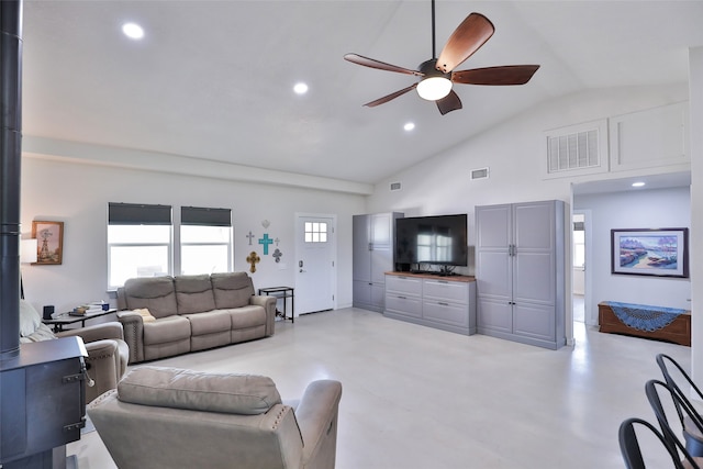 living room with high vaulted ceiling and ceiling fan