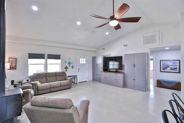 living area with recessed lighting, high vaulted ceiling, concrete flooring, and a ceiling fan