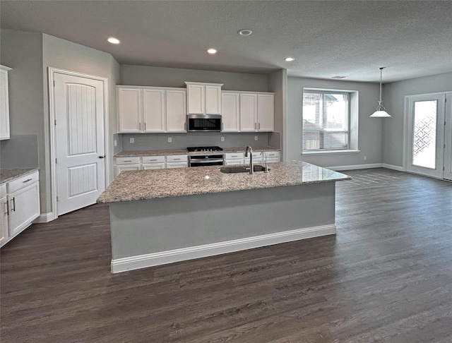 kitchen with sink, stainless steel appliances, white cabinetry, and an island with sink