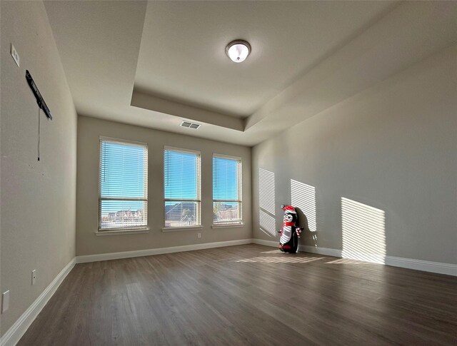 empty room featuring dark hardwood / wood-style flooring and a raised ceiling