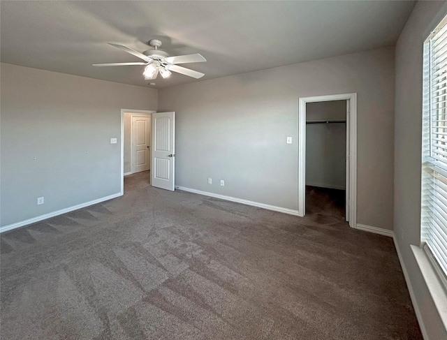 unfurnished bedroom with a walk in closet, ceiling fan, a closet, and dark colored carpet