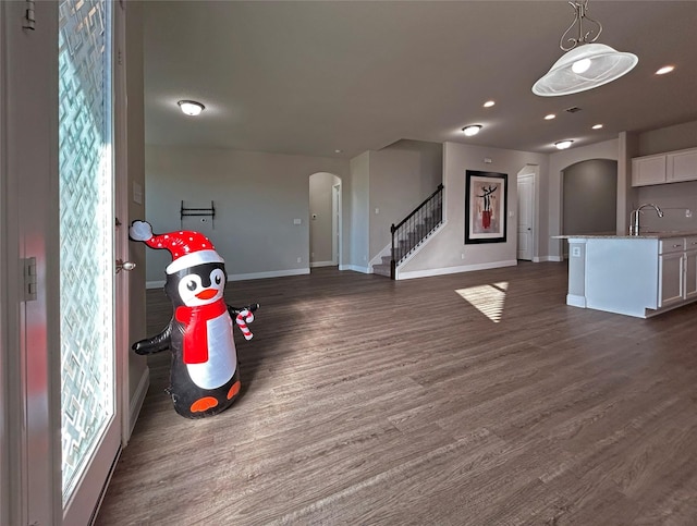 unfurnished living room with sink and dark wood-type flooring