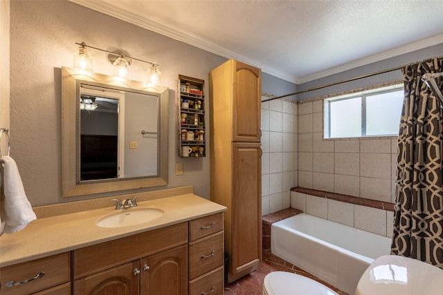 full bathroom featuring vanity, toilet, ornamental molding, and shower / bath combo