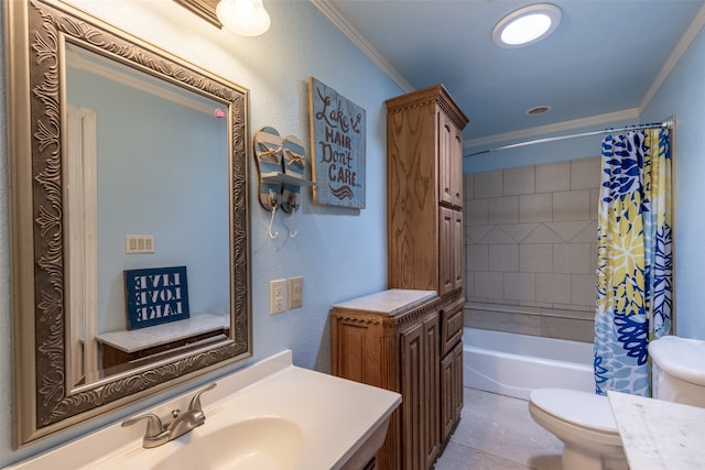 full bathroom with tile patterned floors, toilet, shower / tub combo, vanity, and ornamental molding