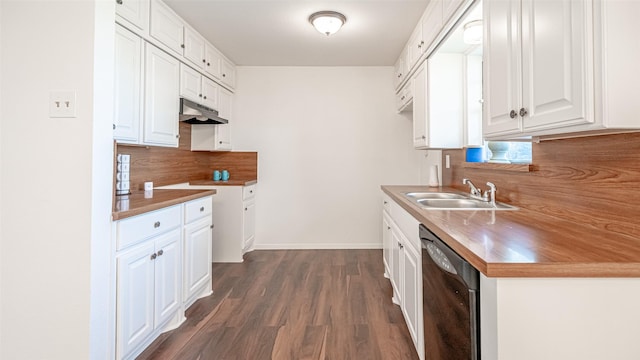 kitchen featuring butcher block countertops, sink, dark hardwood / wood-style floors, dishwasher, and white cabinets