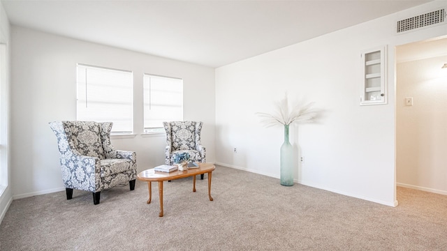 sitting room featuring light carpet