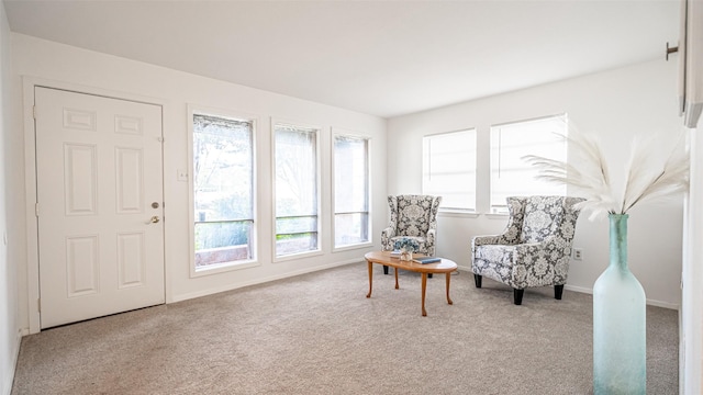 sitting room featuring light colored carpet