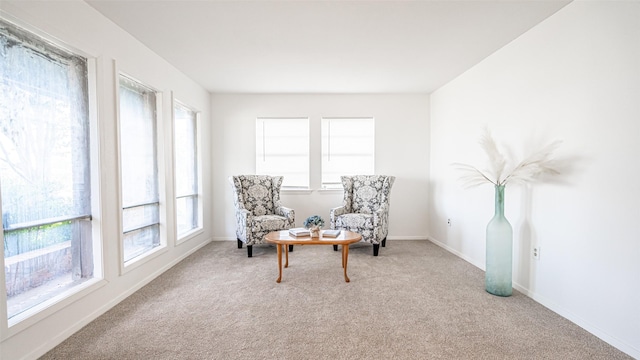 sitting room featuring plenty of natural light and light colored carpet