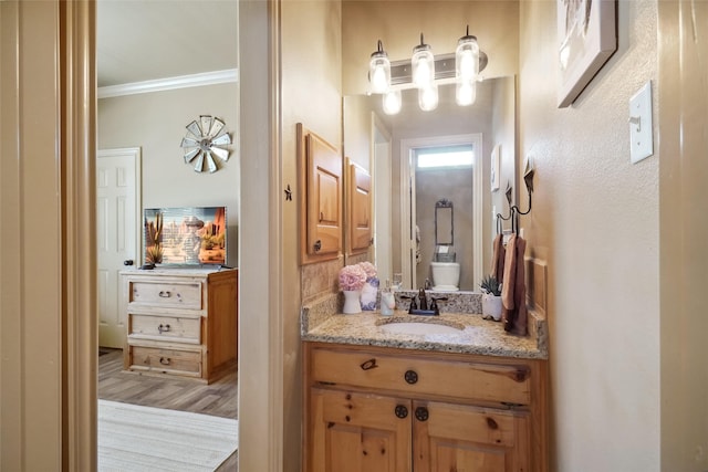 bathroom featuring vanity, ornamental molding, toilet, and hardwood / wood-style floors