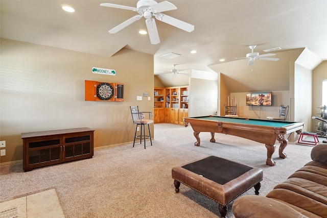 game room with carpet flooring, pool table, lofted ceiling, and ceiling fan