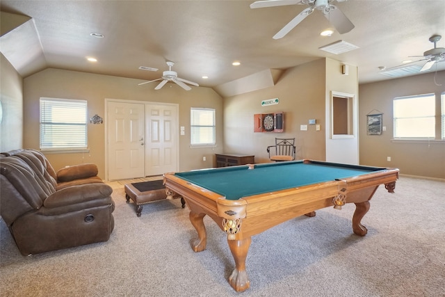 recreation room with carpet, ceiling fan, lofted ceiling, and pool table