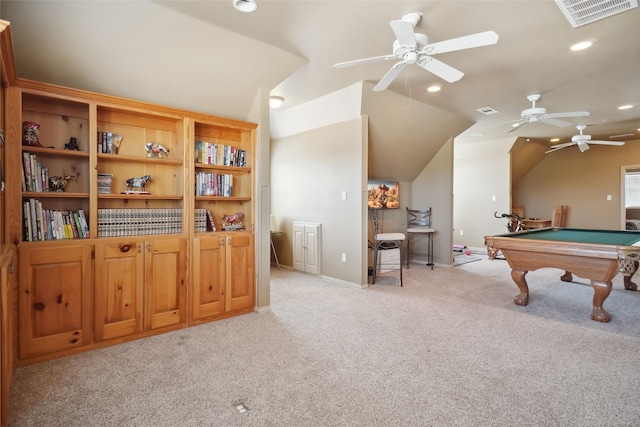 recreation room with pool table, lofted ceiling, light colored carpet, and ceiling fan