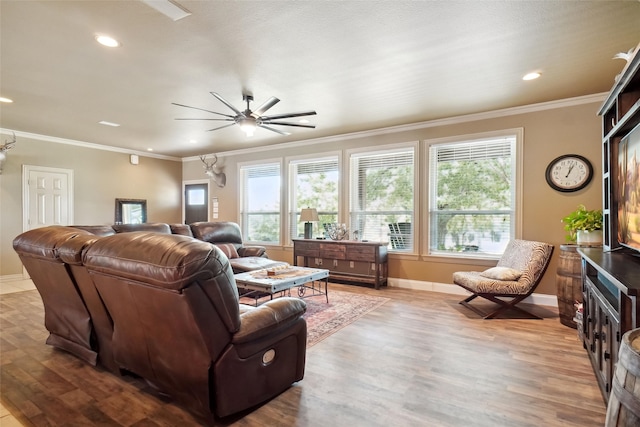 living room with light hardwood / wood-style flooring, ceiling fan, plenty of natural light, and crown molding