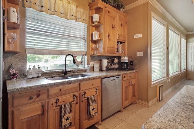 kitchen featuring sink, dishwasher, decorative backsplash, and plenty of natural light