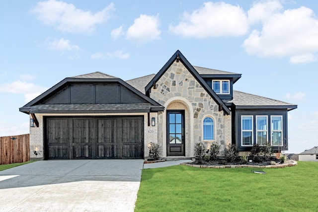 view of front of property with concrete driveway, fence, a garage, stone siding, and a front lawn