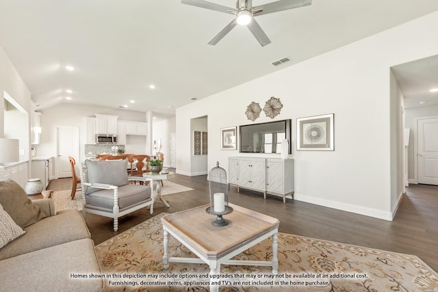 living room with lofted ceiling, dark hardwood / wood-style floors, and ceiling fan