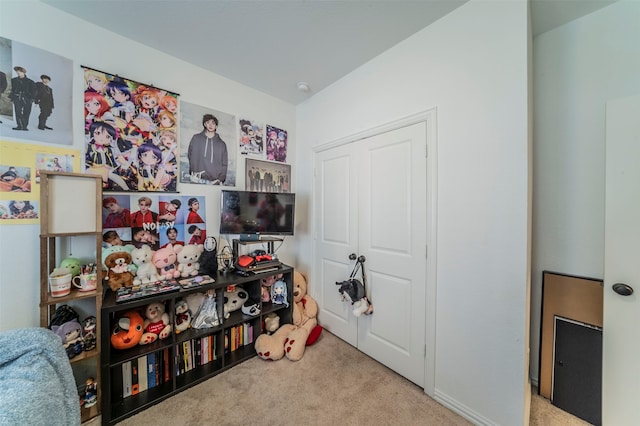 bedroom featuring light carpet