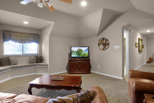 living room with light carpet, ceiling fan, and lofted ceiling