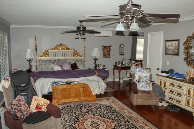 bedroom featuring ornamental molding, wood-type flooring, a wall unit AC, and ceiling fan