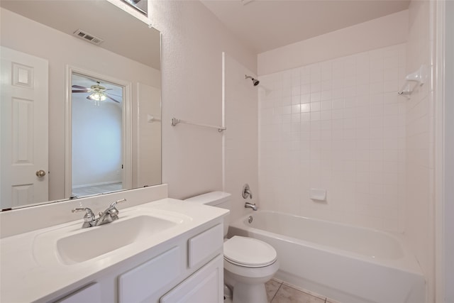 full bathroom featuring tile patterned flooring, shower / tub combination, ceiling fan, toilet, and vanity