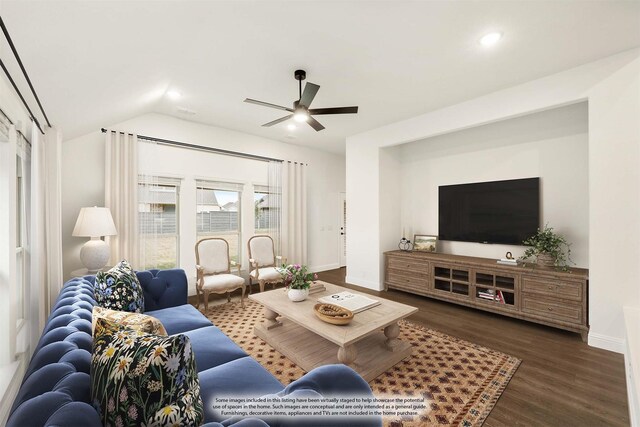 living room with ceiling fan, dark hardwood / wood-style flooring, and vaulted ceiling