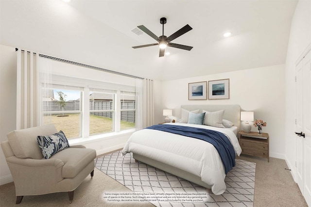 carpeted bedroom with ceiling fan