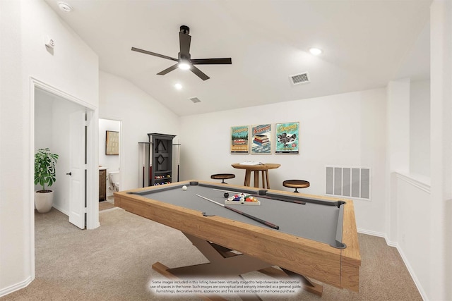 rec room featuring ceiling fan, light colored carpet, lofted ceiling, and pool table